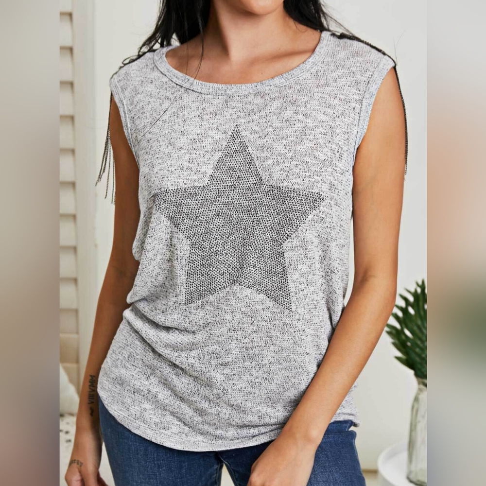 Womens Casual Star Print Light Gray Shirt with Stud Shoulders S M L XL